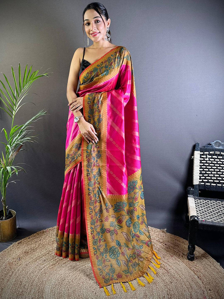 Pink & Mustard Floral Printed Soft Silk Saree with Zari Border & Tassel Pallu