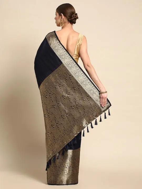 Navy Blue Banarasi Silk Saree with Antique Gold Zari Border & Pallu