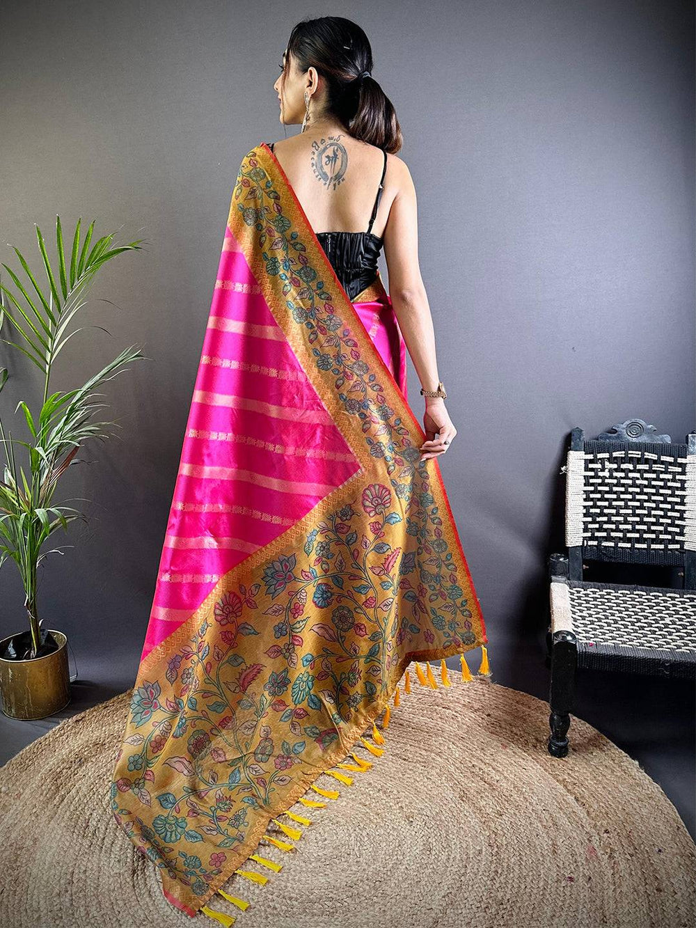 Pink & Mustard Floral Printed Soft Silk Saree with Zari Border & Tassel Pallu
