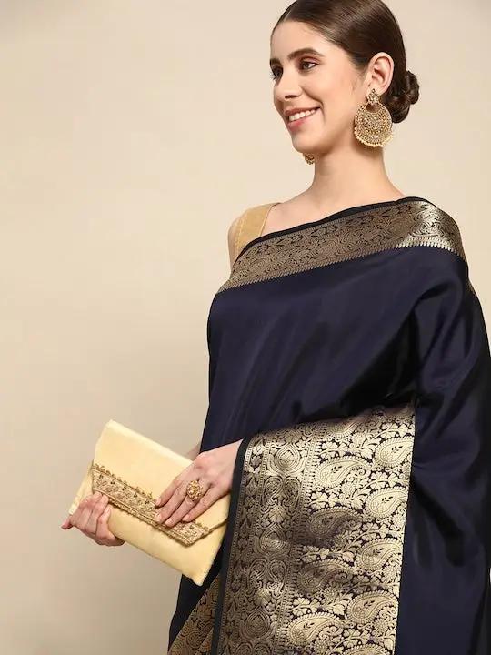Navy Blue Banarasi Silk Saree with Antique Gold Zari Border & Pallu