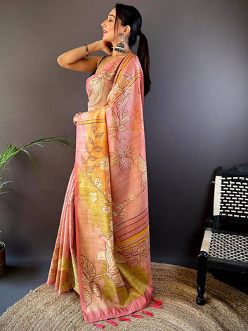 Peach & Yellow Soft Silk Saree with Large Floral Print & Tassel Pallu