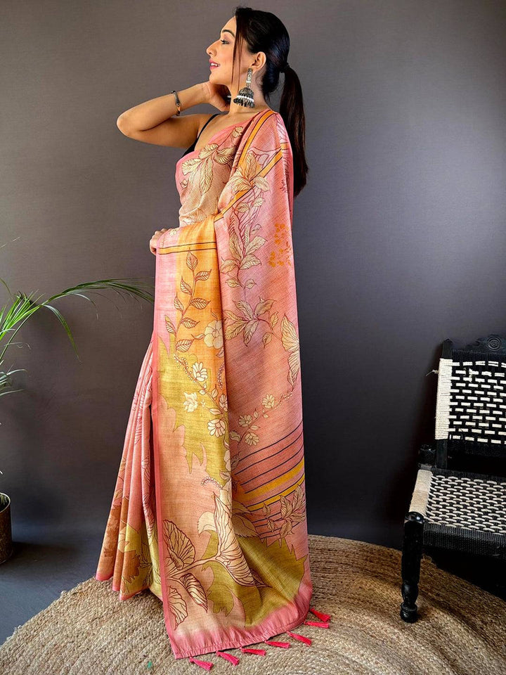 Peach & Yellow Soft Silk Saree with Large Floral Print & Tassel Pallu