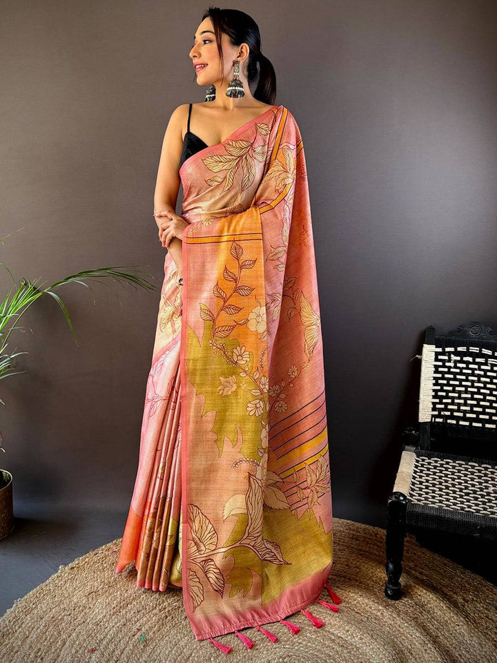 Peach & Yellow Soft Silk Saree with Large Floral Print & Tassel Pallu