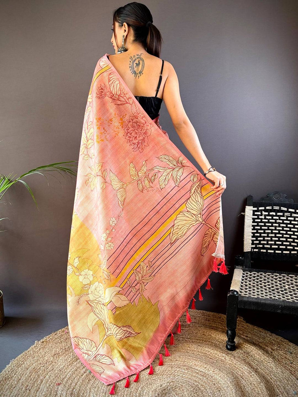 Peach & Yellow Soft Silk Saree with Large Floral Print & Tassel Pallu