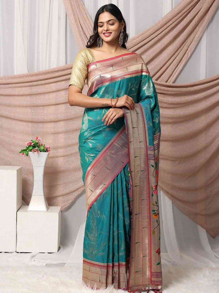 Teal Linen Silk Saree with Silver Zari Border & Floral Print Pallu