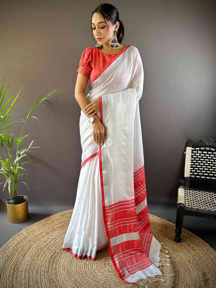 White Linen Cotton Saree with Red Border & Striped Pallu