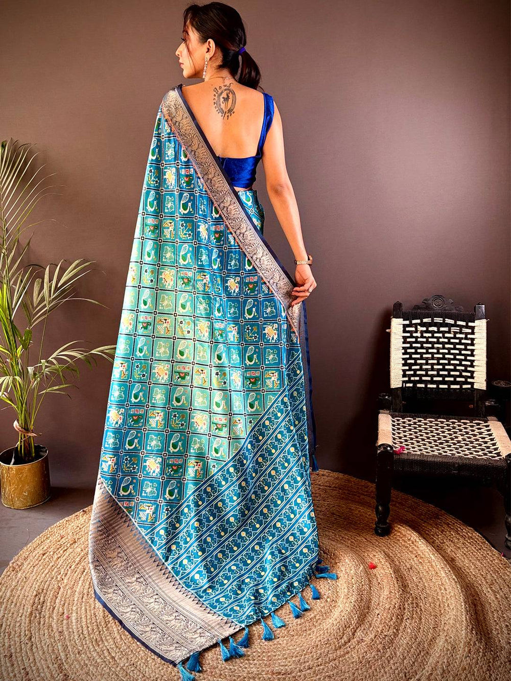 Blue Patola Printed Soft Silk Saree with Rich Zari Border & Tassel Pallu