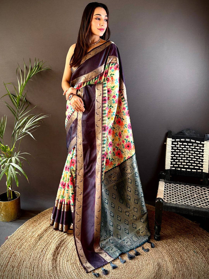 Yellow Floral Printed Soft Silk Saree with Purple Zari Border & Rich Woven Pallu