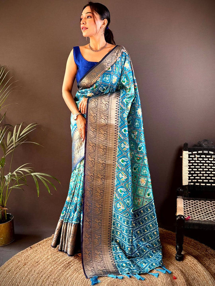 Blue Patola Printed Soft Silk Saree with Rich Zari Border & Tassel Pallu