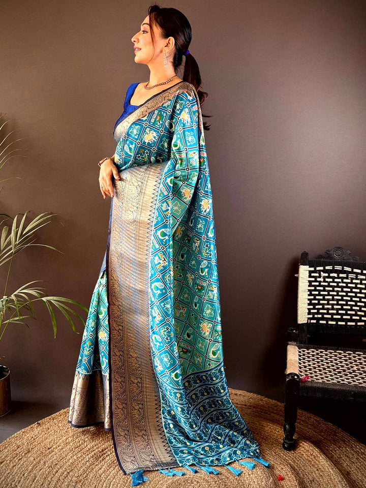 Blue Patola Printed Soft Silk Saree with Rich Zari Border & Tassel Pallu