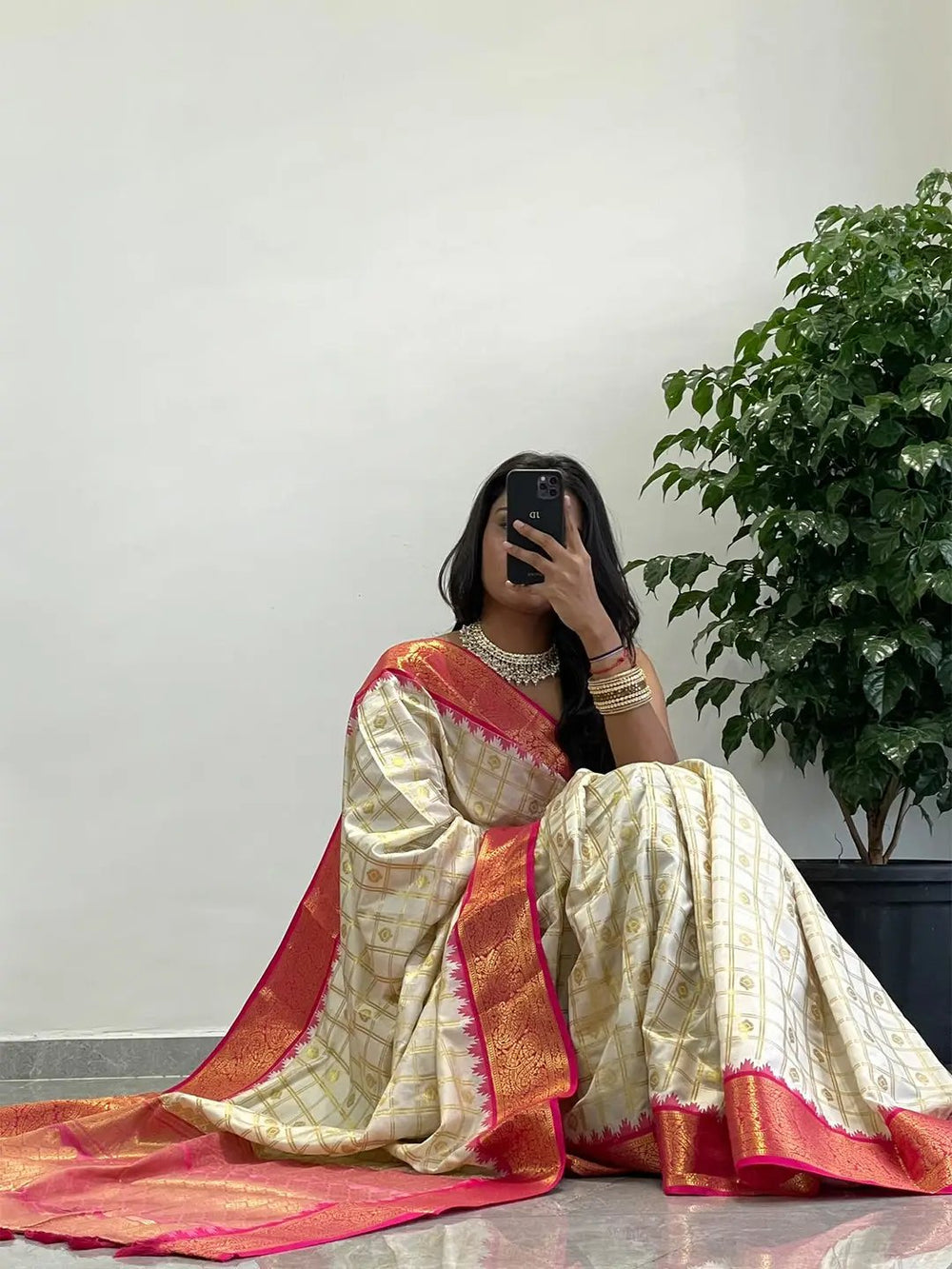 Premium White Banarasi Silk Saree with Rich Red & Gold Zari Border