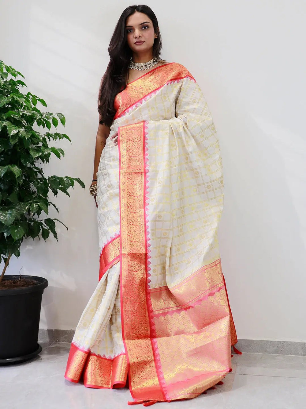 Premium White Banarasi Silk Saree with Rich Red & Gold Zari Border
