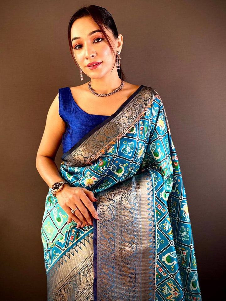 Blue Patola Printed Soft Silk Saree with Rich Zari Border & Tassel Pallu