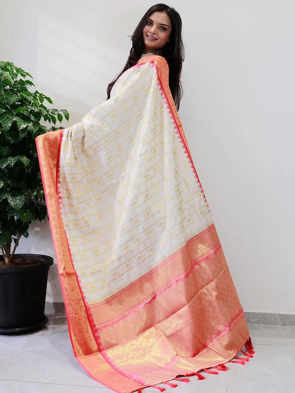 Premium White Banarasi Silk Saree with Rich Red & Gold Zari Border
