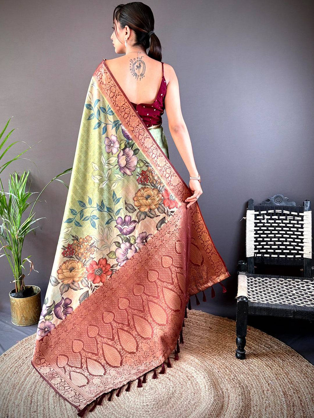 Green & Maroon Floral Printed Soft Silk Saree with Rich Zari Border & Tassel Pallu