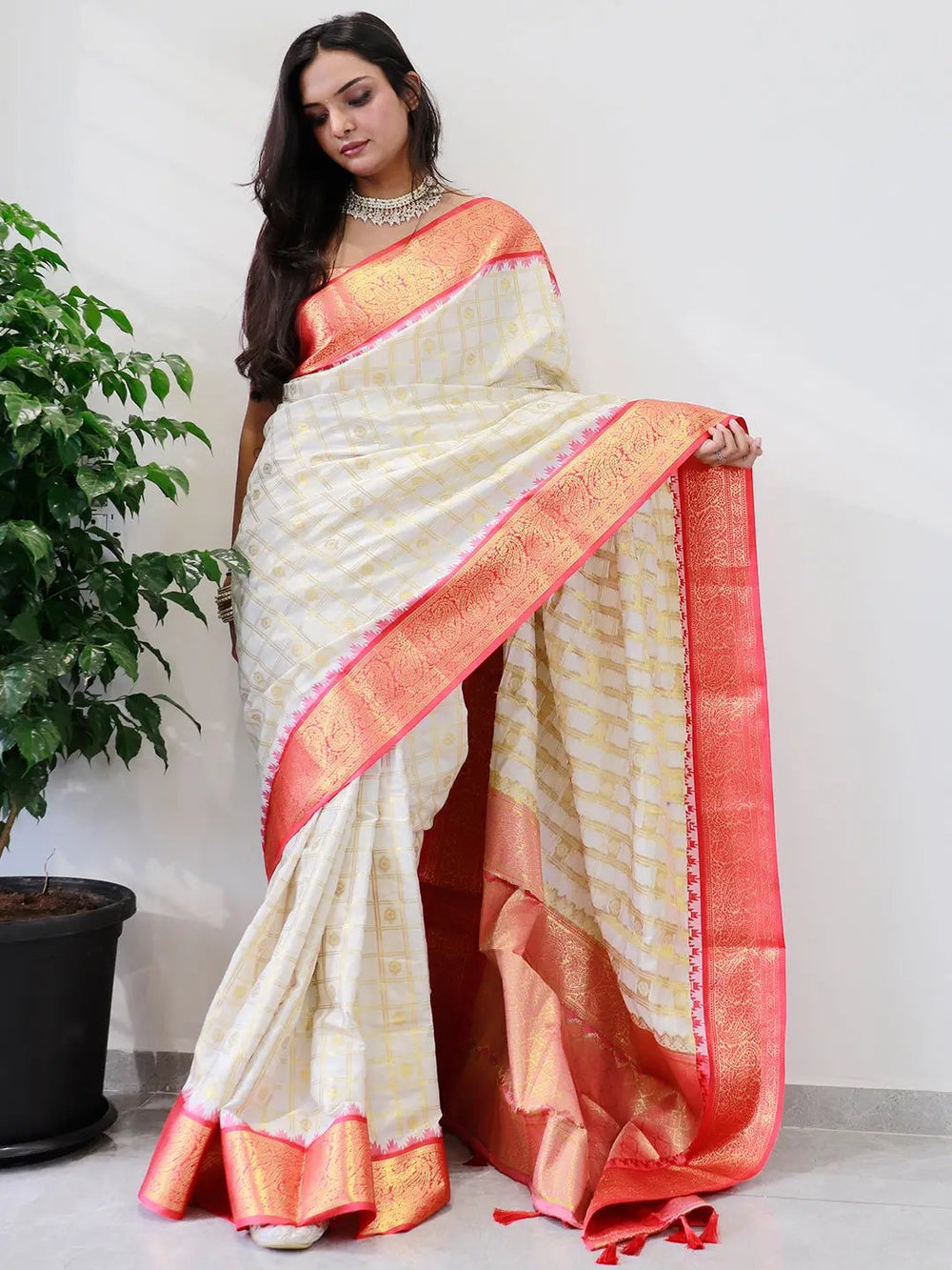 Premium White Banarasi Silk Saree with Rich Red & Gold Zari Border