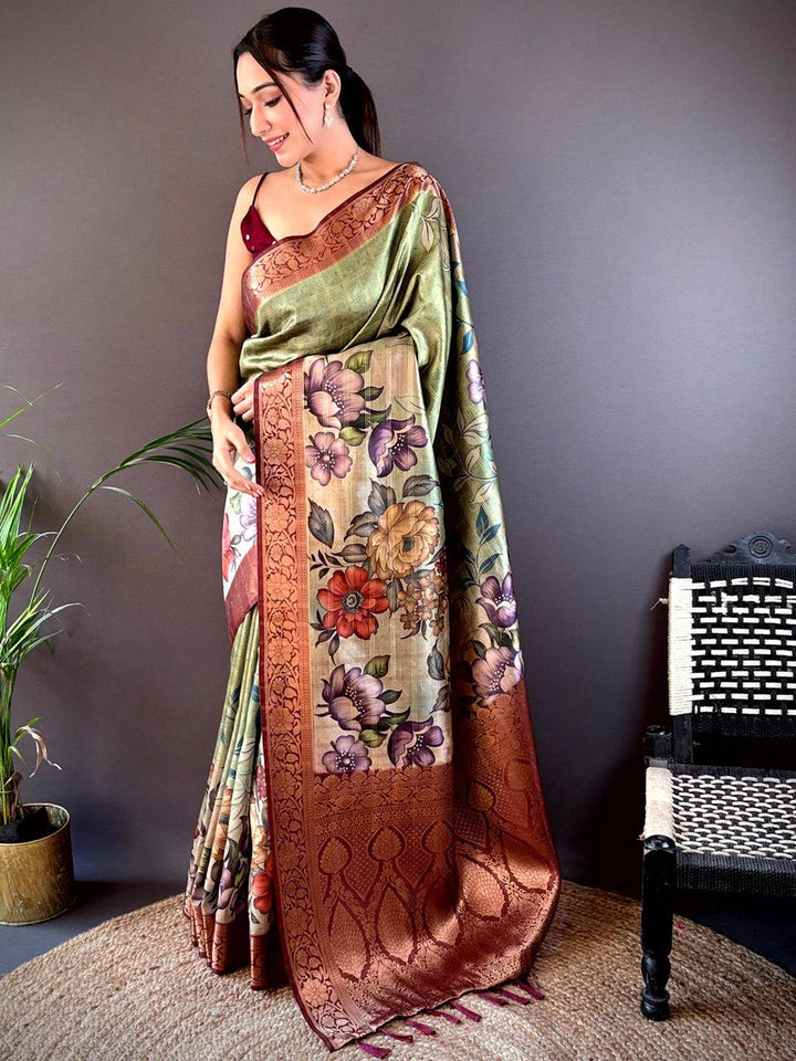 Green & Maroon Floral Printed Soft Silk Saree with Rich Zari Border & Tassel Pallu