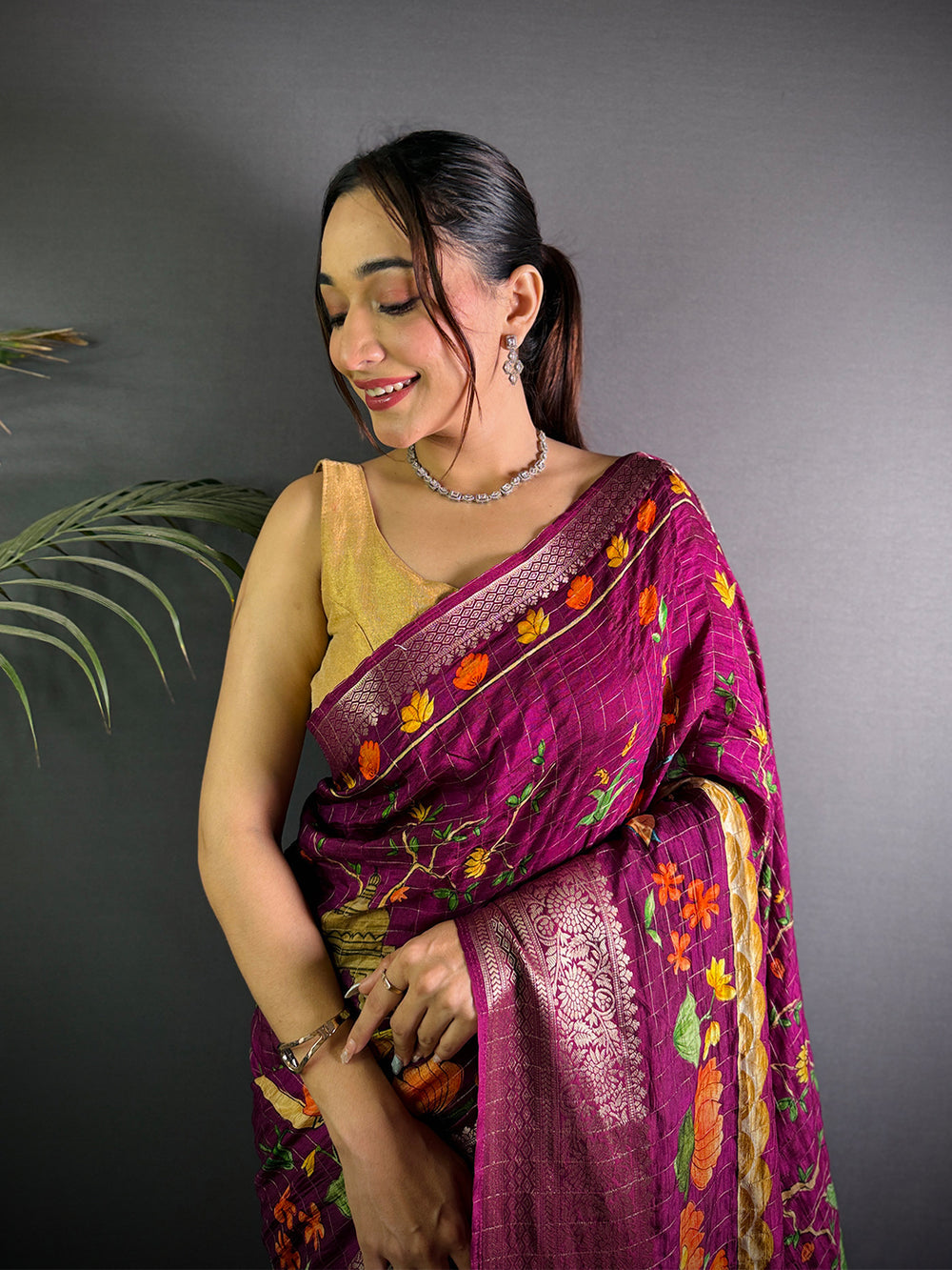 Wine Purple Banarasi Silk Saree with Multicolor Floral Weaving & Rich Zari Pallu