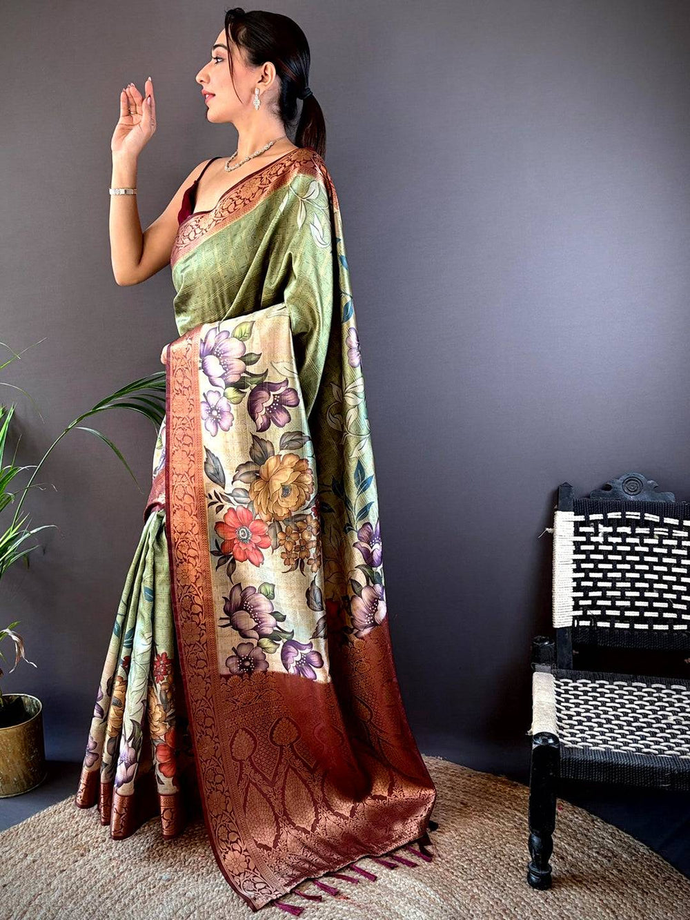 Green & Maroon Floral Printed Soft Silk Saree with Rich Zari Border & Tassel Pallu
