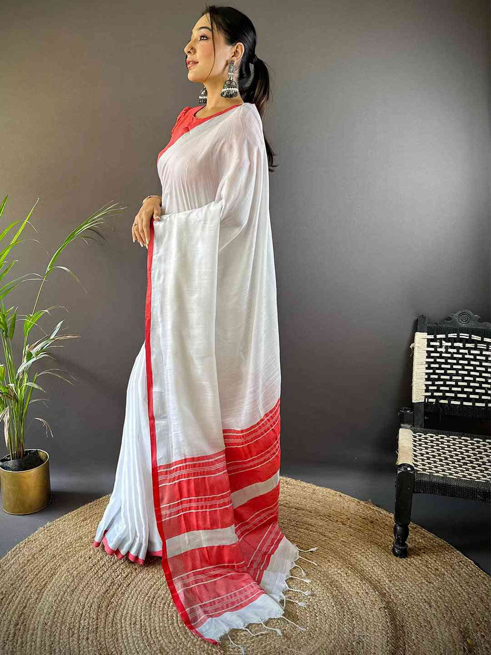 White Linen Cotton Saree with Red Border & Striped Pallu