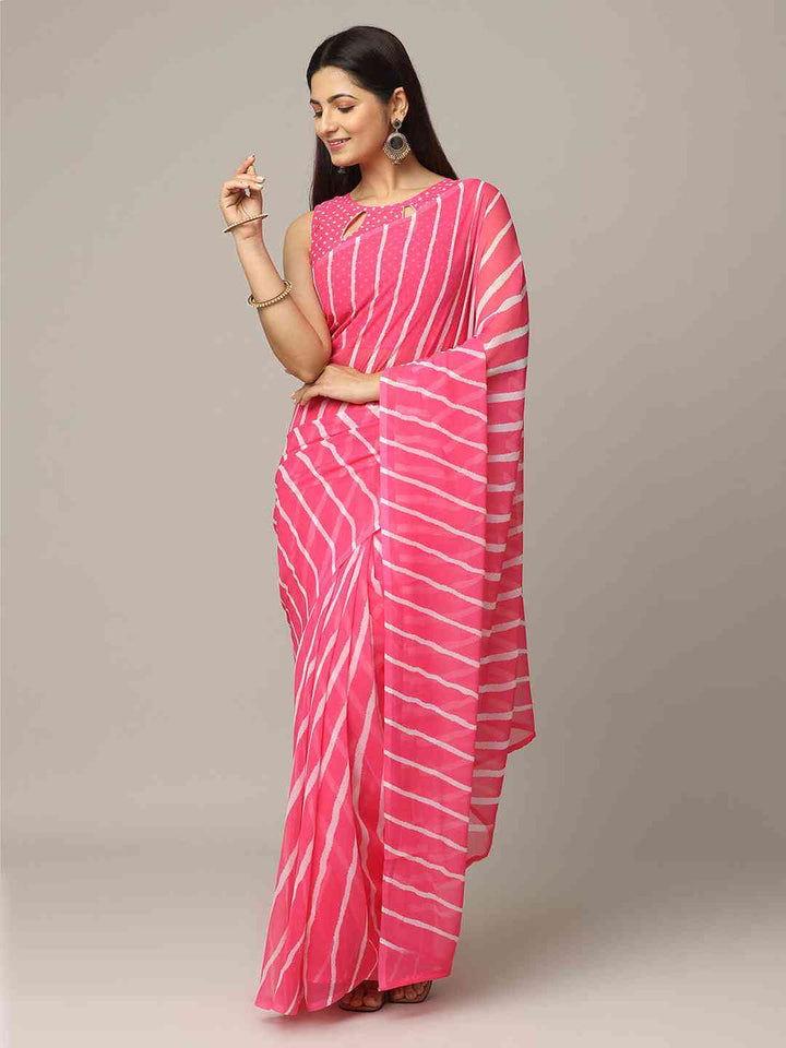 Pink Georgette Saree with White Striped Design
