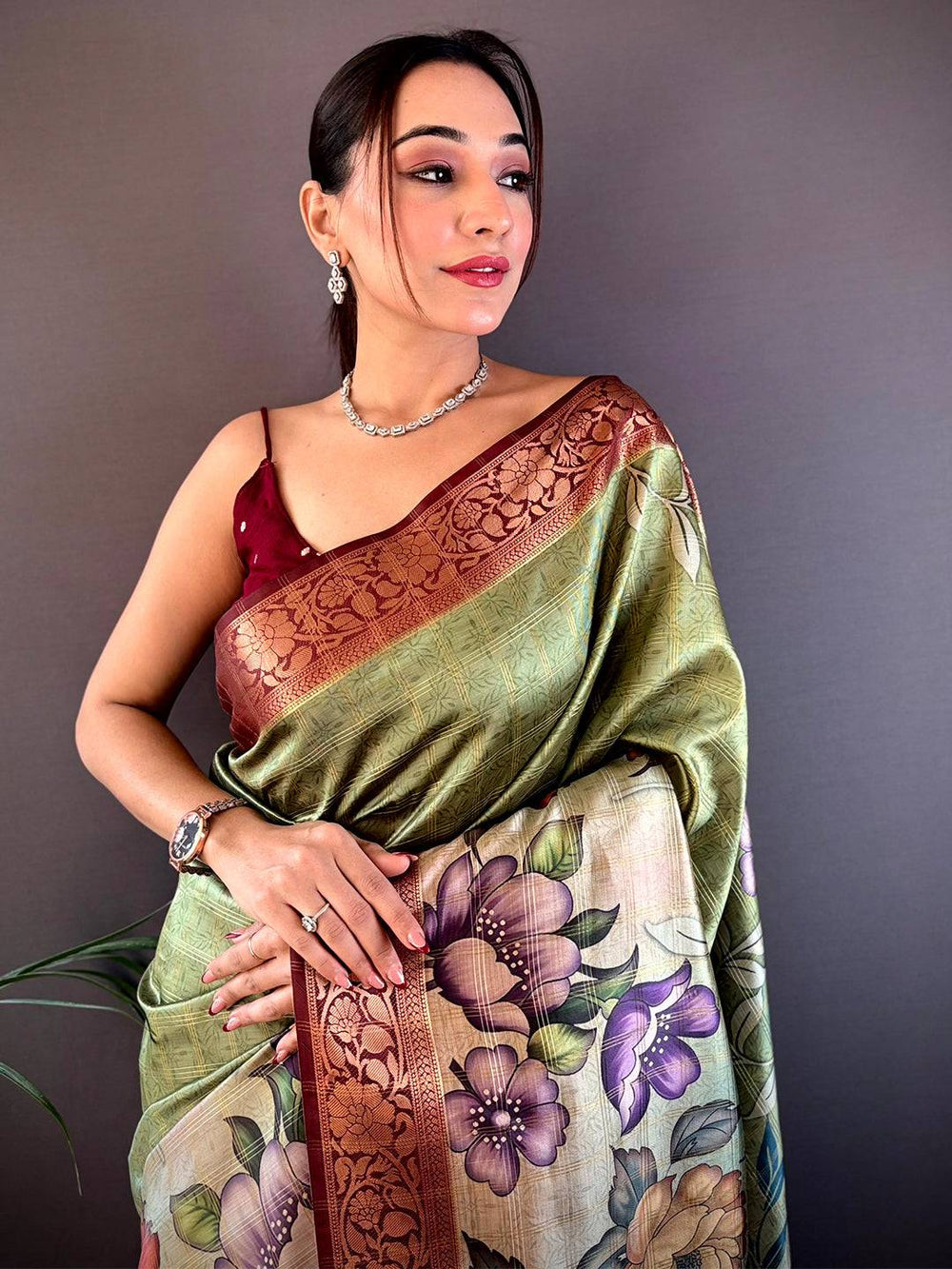 Green & Maroon Floral Printed Soft Silk Saree with Rich Zari Border & Tassel Pallu