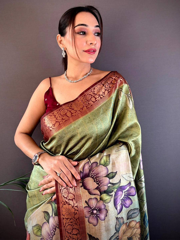 Green & Maroon Floral Printed Soft Silk Saree with Rich Zari Border & Tassel Pallu