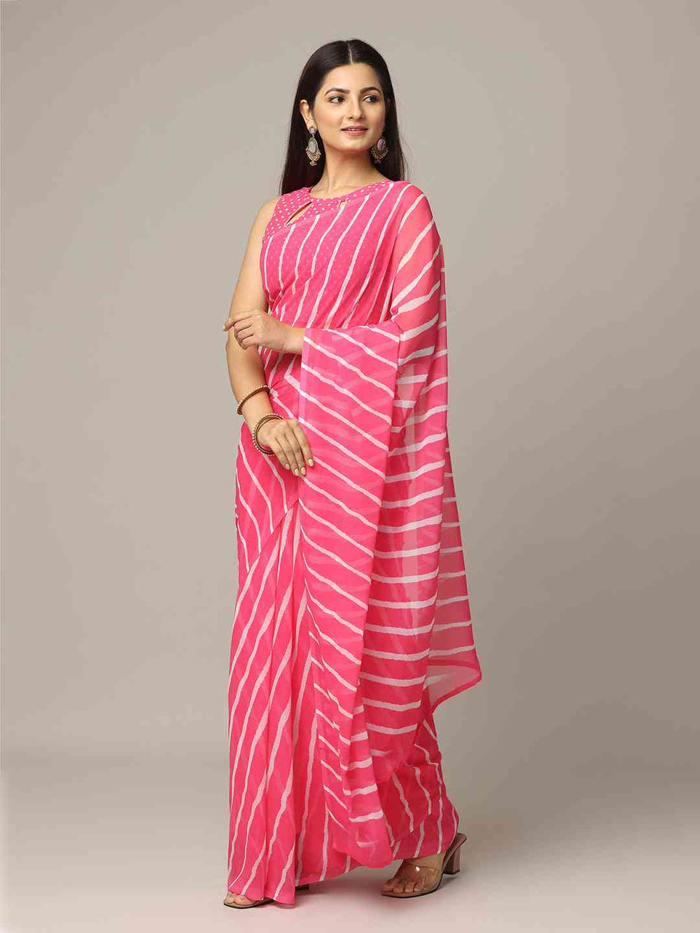 Pink Georgette Saree with White Striped Design