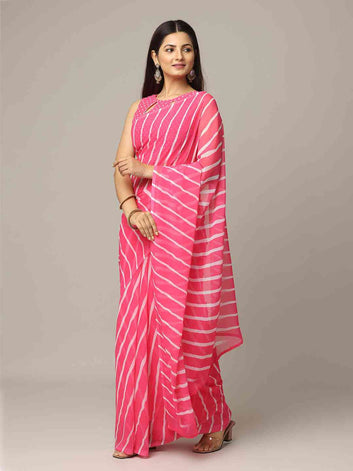 Pink Georgette Saree with White Striped Design