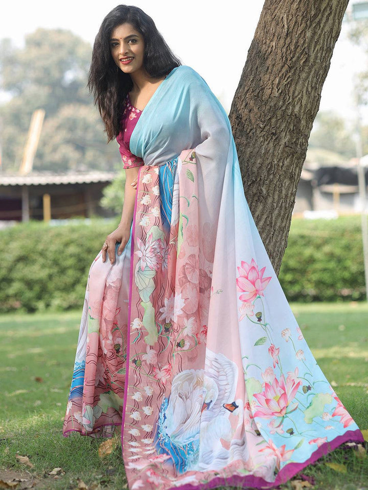 Beautiful Pastel Blue & Pink Digital Printed Soft Organza Saree