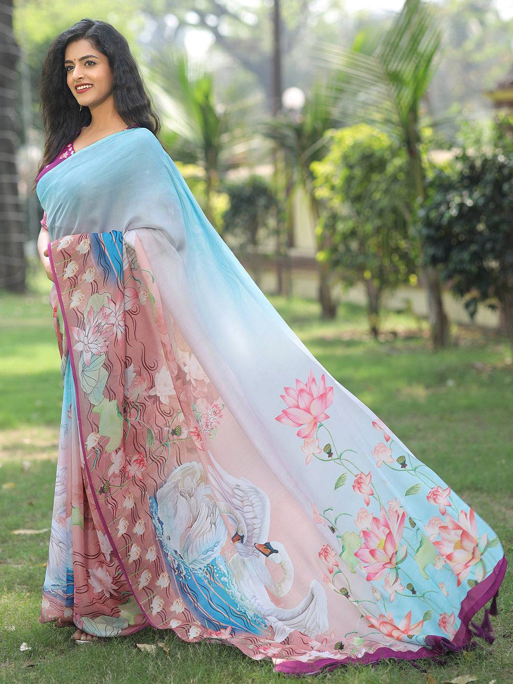 Beautiful Pastel Blue & Pink Digital Printed Soft Organza Saree