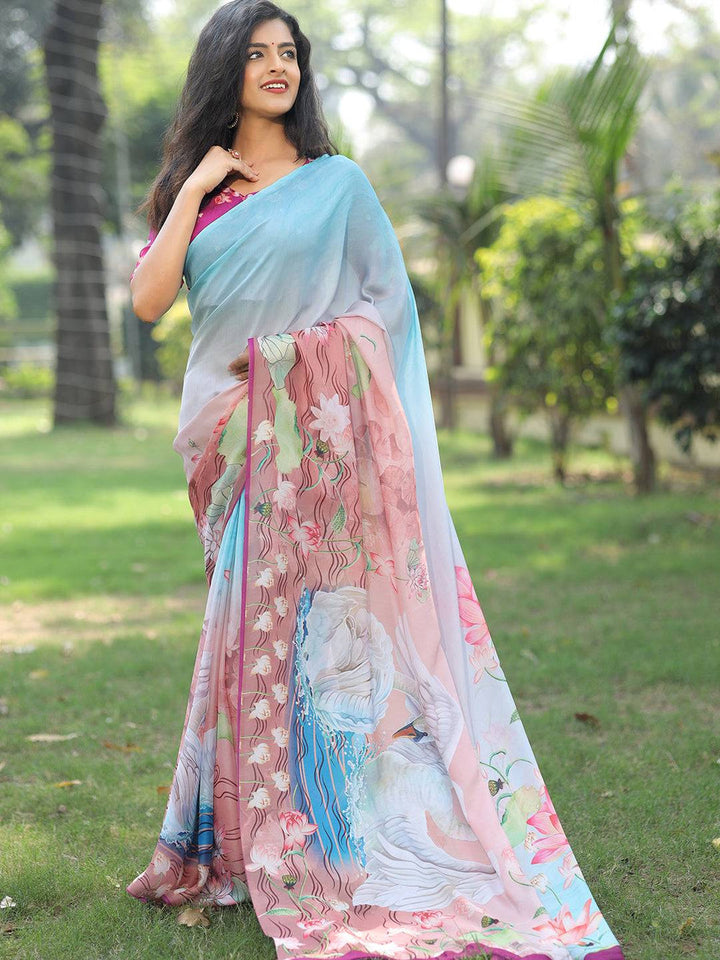 Beautiful Pastel Blue & Pink Digital Printed Soft Organza Saree