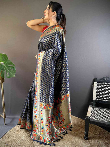 Premium Navy Blue & Silver Kanchipuram Silk Saree with Geometric Weave and Traditional Floral Border