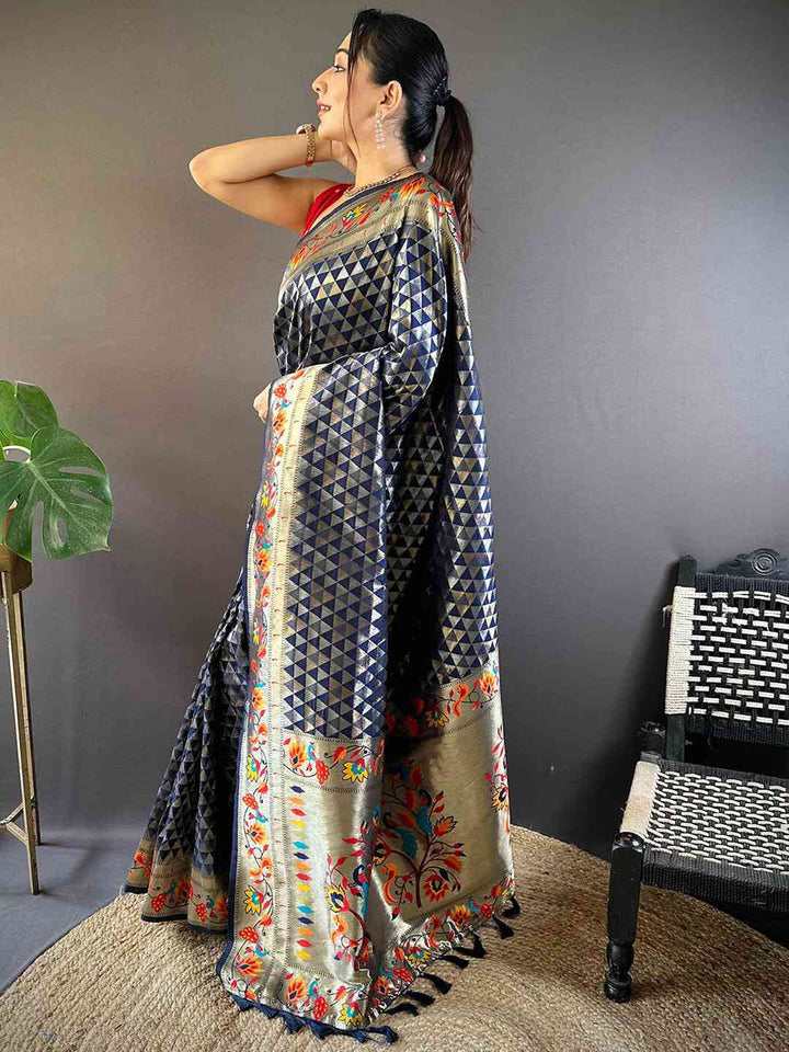 Premium Navy Blue & Silver Kanchipuram Silk Saree with Geometric Weave and Traditional Floral Border