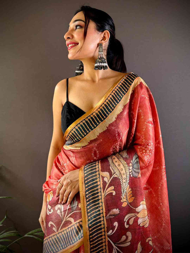 Red Soft Silk Saree with Artistic Floral Print & Contrast Border