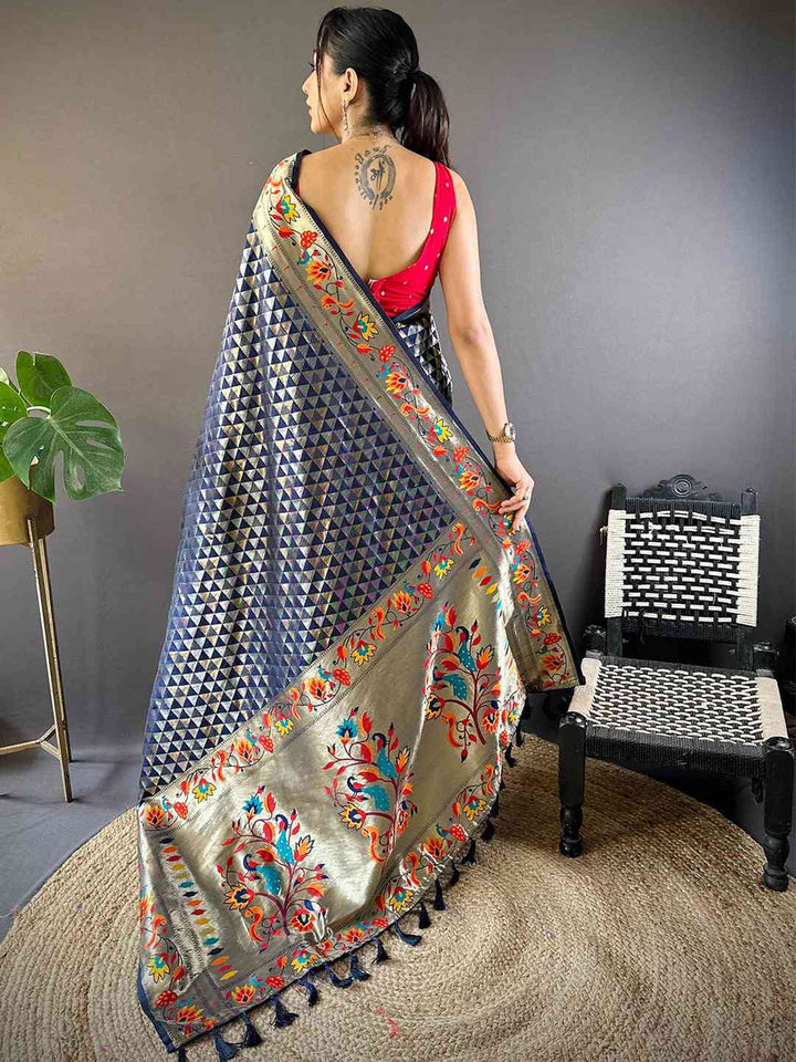 Premium Navy Blue & Silver Kanchipuram Silk Saree with Geometric Weave and Traditional Floral Border