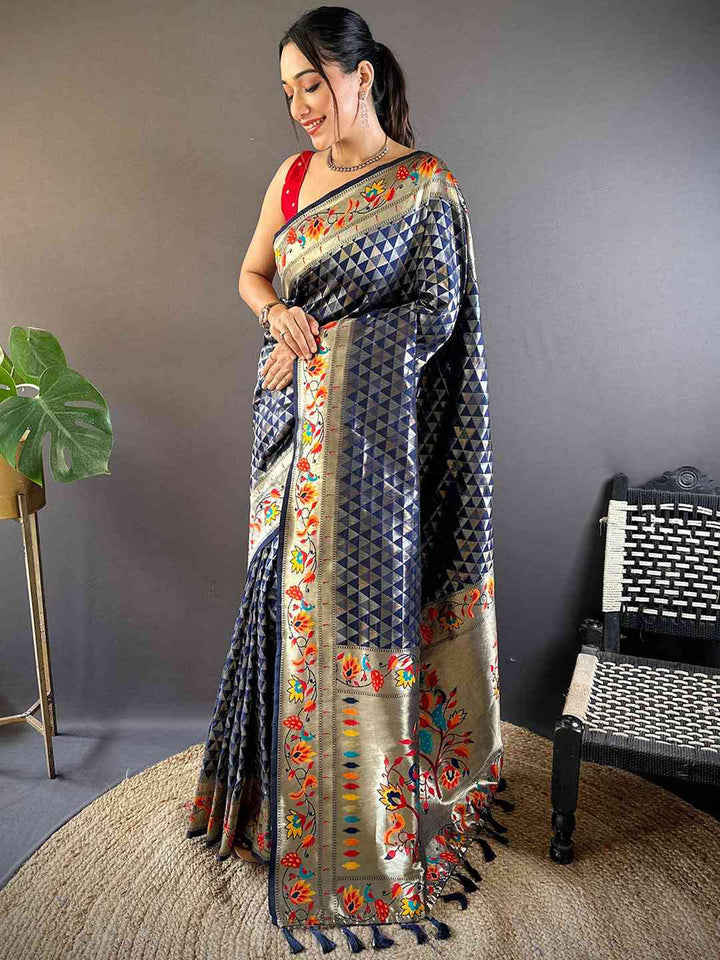 Premium Navy Blue & Silver Kanchipuram Silk Saree with Geometric Weave and Traditional Floral Border