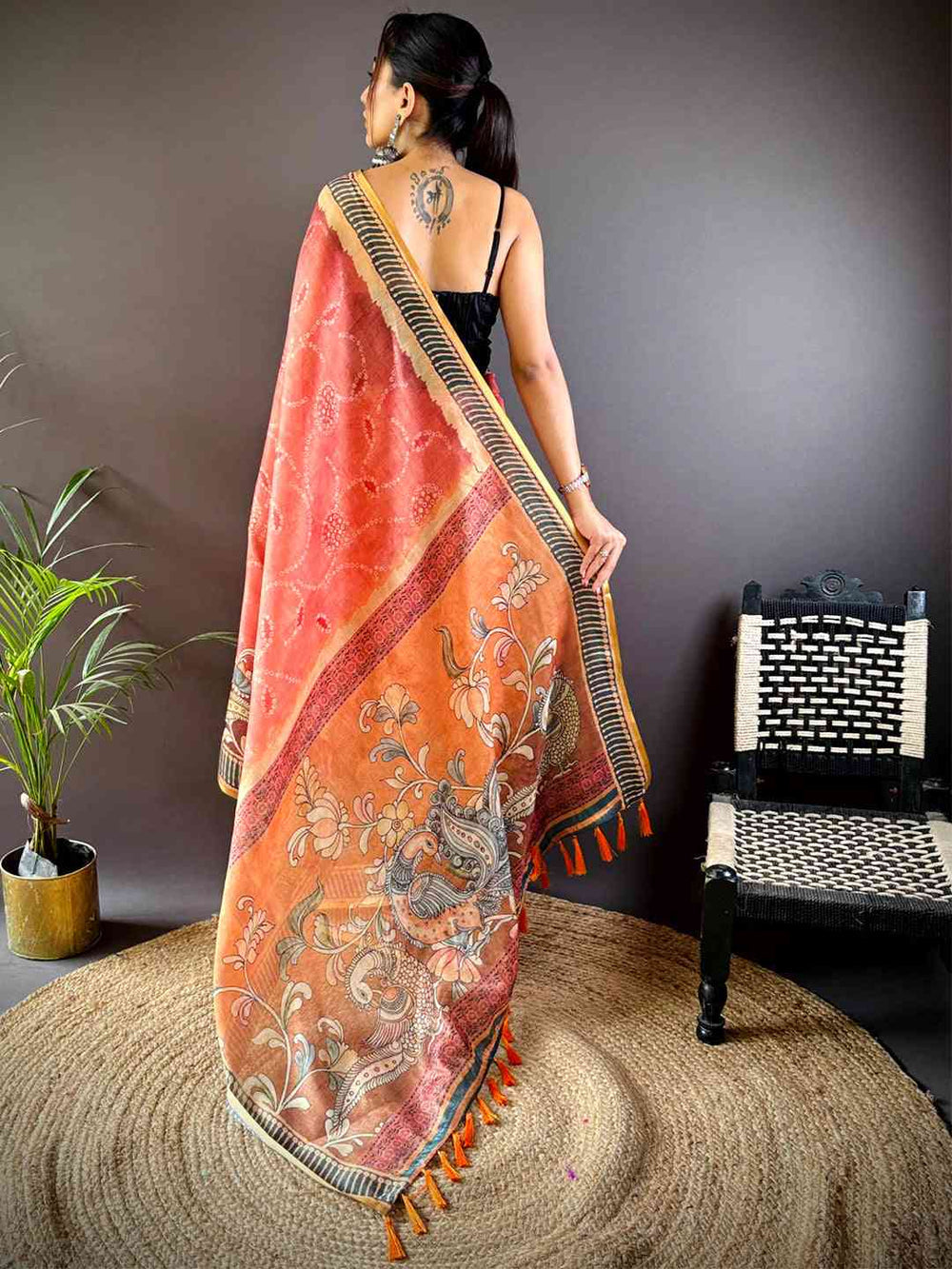Red Soft Silk Saree with Artistic Floral Print & Contrast Border