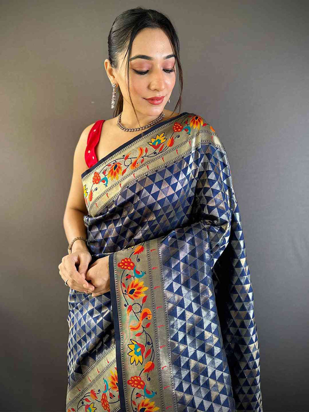 Premium Navy Blue & Silver Kanchipuram Silk Saree with Geometric Weave and Traditional Floral Border