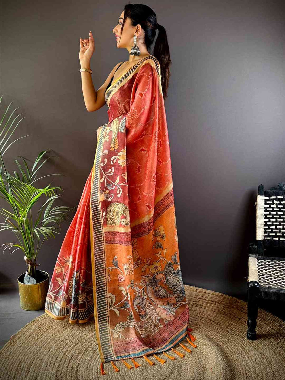 Red Soft Silk Saree with Artistic Floral Print & Contrast Border