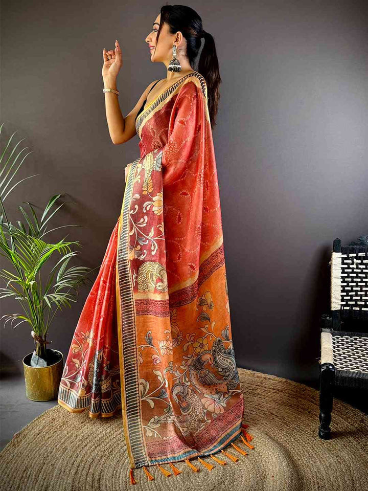 Red Soft Silk Saree with Artistic Floral Print & Contrast Border