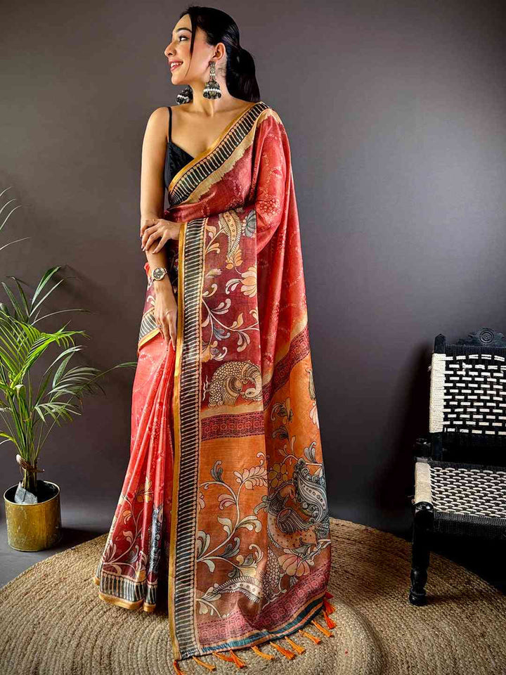 Red Soft Silk Saree with Artistic Floral Print & Contrast Border