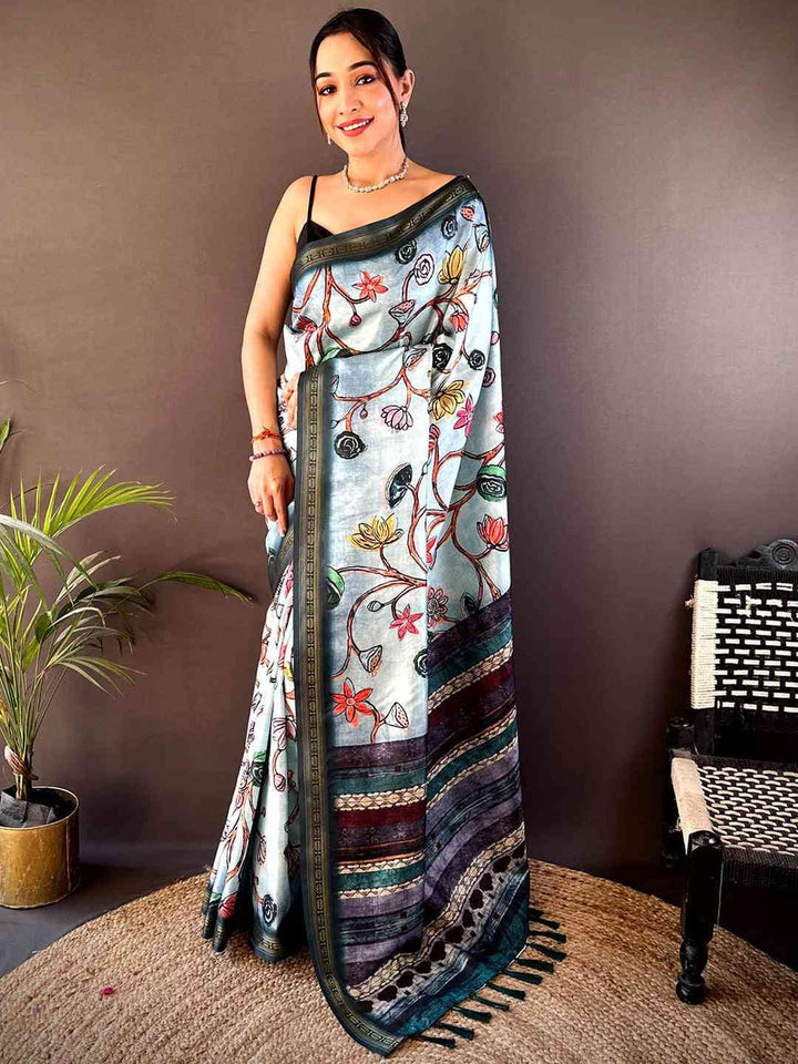 Light Blue Printed Silk Saree with Multicolor Floral Design