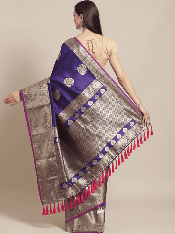 Royal Blue Banarasi Silk Saree with Silver Zari Weaving & Rich Border