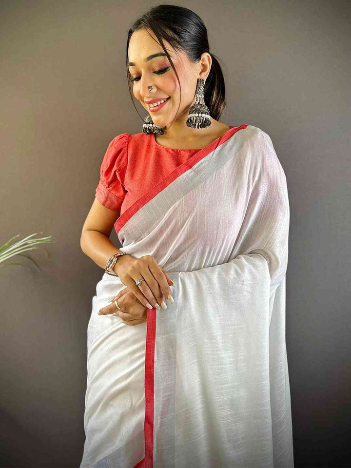 White Linen Cotton Saree with Red Border & Striped Pallu