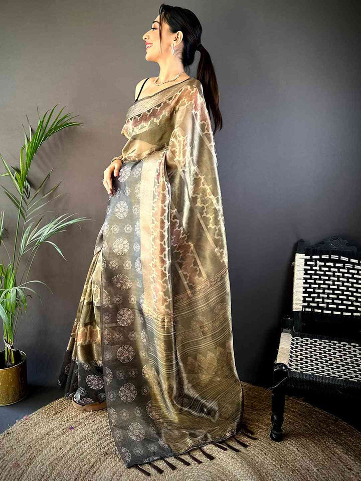 Black & Gold Soft Silk Saree with Traditional Motif Print & Rich Zari Pallu