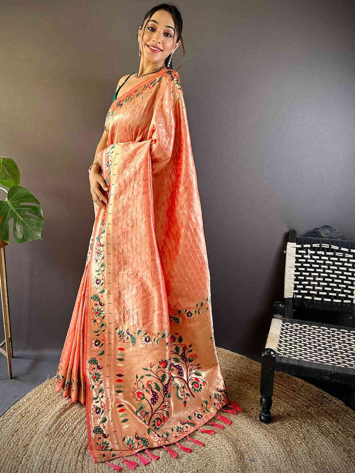 Elegant Peach Kanchipuram Silk Saree with Embroidered Floral Border & Tassels