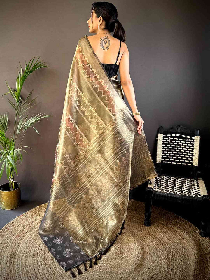 Black & Gold Soft Silk Saree with Traditional Motif Print & Rich Zari Pallu