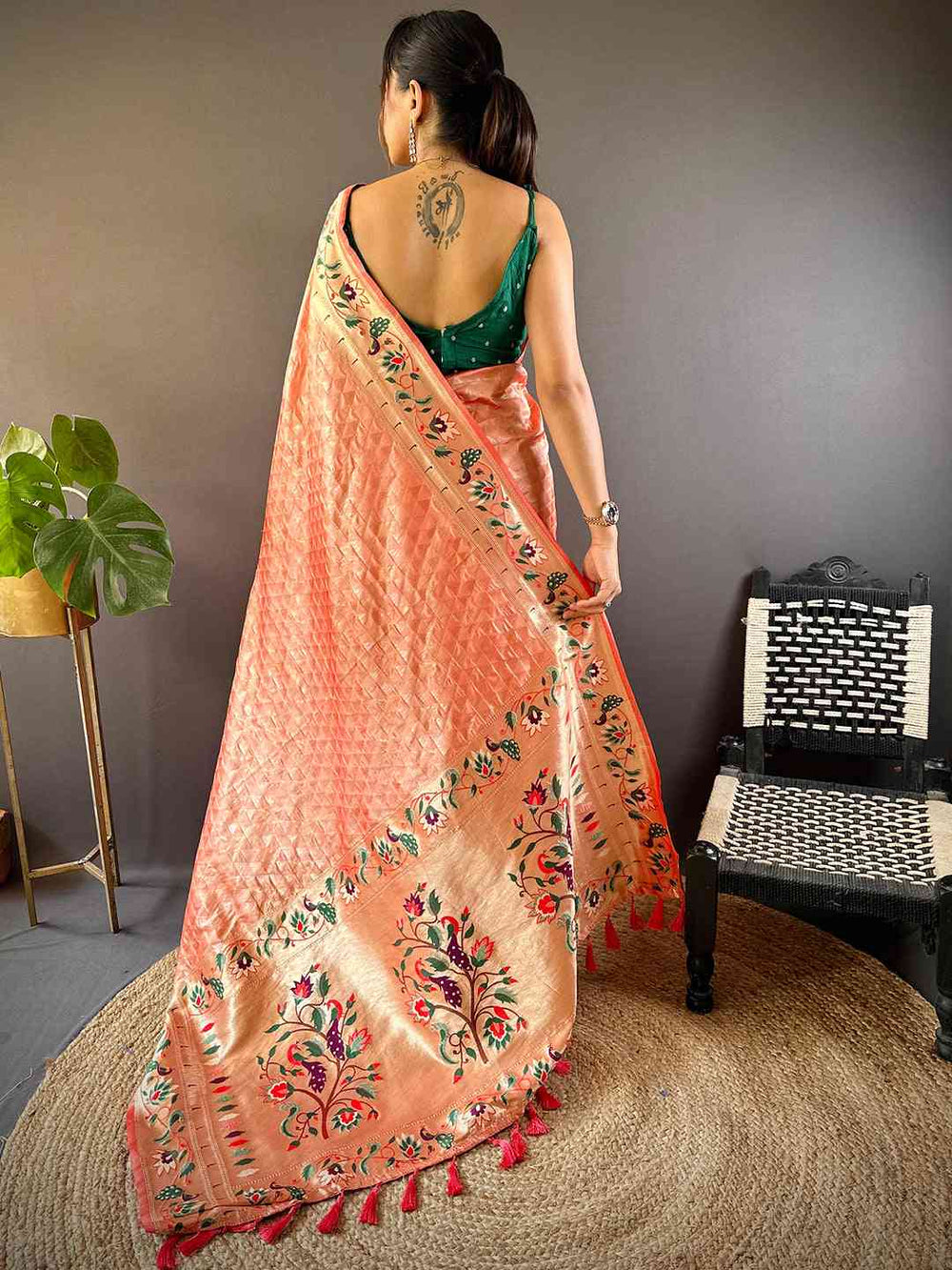 Elegant Peach Kanchipuram Silk Saree with Embroidered Floral Border & Tassels