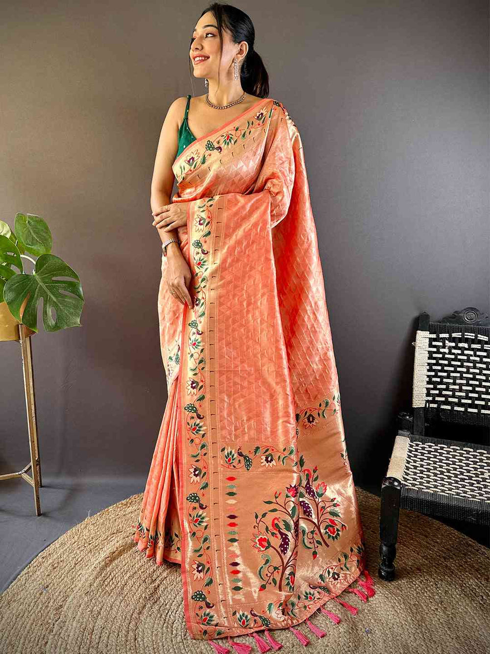 Elegant Peach Kanchipuram Silk Saree with Embroidered Floral Border & Tassels